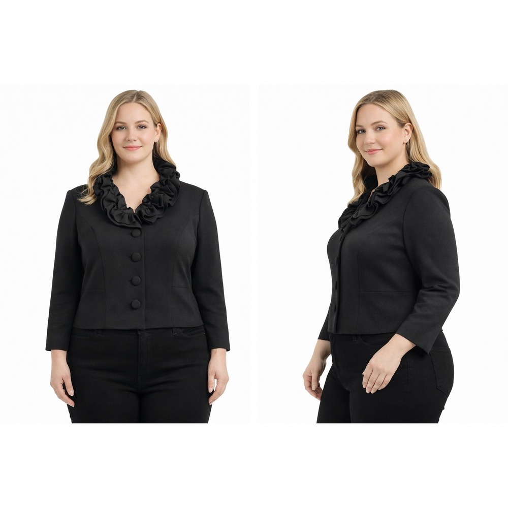 Fever Womens Black Ruffle Collar Cropped Blazer Jacket‎ Size L 3/4 Sleeve Ponte